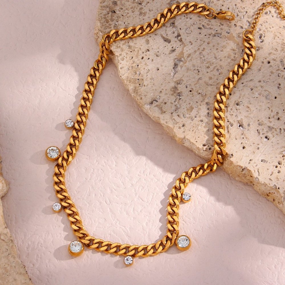 Chunky Cuban Chain Choker Necklace Zircon Charms 18K Gold Plating - Picture 6 of 9